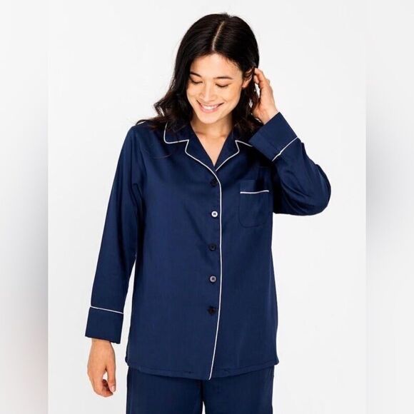 NWT Ettitude Sateen Blue Long Sleeve Button Down Pajama Shirt Top - Size S - Picture 1 of 7
